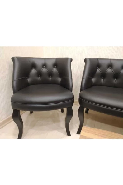 ARYANS HOME Siyah Deri Ahşap Ayaklı Ofis Koltuk Takımı Bekleme Koltuğu 2 1 1 Takım - Resim 4