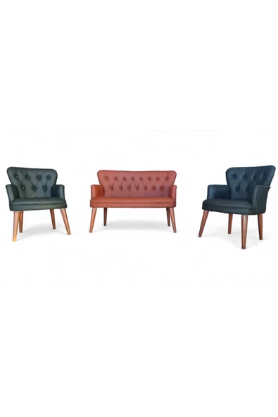 Aryans Home Mobilya Dekorasyon Taba ve Yeşil Deri Ahşap Ayaklı Ofis Koltuk Takımı Büro Koltuk Ve Kanepeleri Deri Ofis Mobilyası - 2