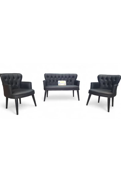ARYANS HOME Siyah Deri Ahşap Ayaklı Kollu Ofis Koltuk Takımı Büro Koltuk Takımı Büro Mobilyası 4 Tekli 1 Ikili - Resim 3