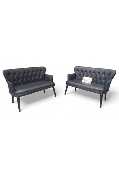 Aryans Home Mobilya Dekorasyon Ahşap Ayaklı Kollu Siyah Deri Ofis Koltuğu Büro Koltuğu Deri Ofis Bekleme Koltuğu (2 Adet ikili) ürün görseli 1