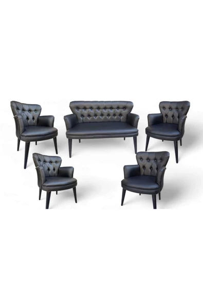 ARYANS HOME Siyah Deri Ahşap Ayaklı Kollu Ofis Koltuk Takımı Büro Koltuk Takımı Büro Mobilyası 4 Tekli 1 Ikili - Resim 4