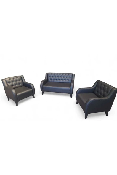 ARYANS HOME Aryans Siyah Deri Chester Ofis Koltuk Takımı Ofis Koltuğu Büro Koltuk Ve Kanepeleri - 2+1+1 - Resim 3