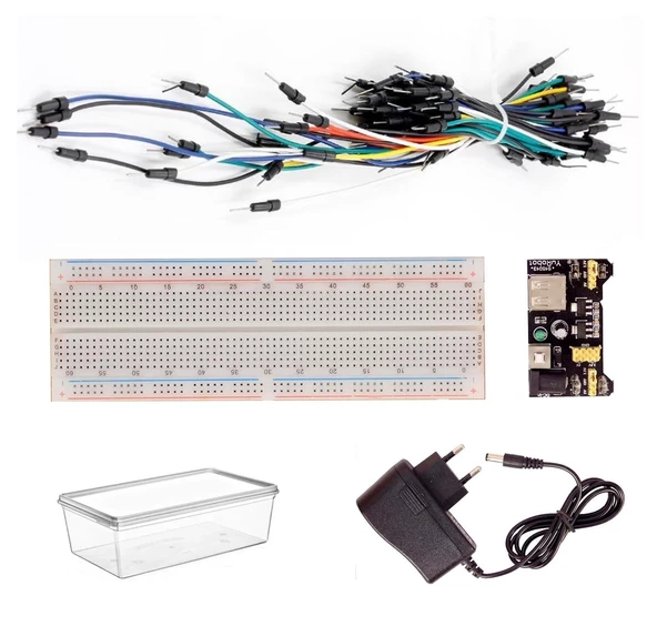 Kutulu Breadboard Power 65'li Jumper Kablo Adaptörlü Elektronik Deney Seti