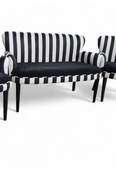 Aryans Home Mobilya Dekorasyon Siyah Beyaz Kumaş, Ahşap Ayaklı Kollu Bekleme Salonu Koltuk Takımı Balkon Koltuğu Çay Seti Koltuğu - 3