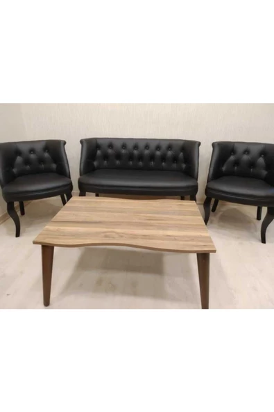 ARYANS HOME Siyah Deri Ahşap Ayaklı Ofis Koltuk Takımı Bekleme Koltuğu 2 1 1 Takım - Resim 2