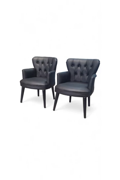 Aryans Home Mobilya Dekorasyon Ahşap Ayaklı Kollu Siyah Deri Ofis Koltuğu Büro Koltuğu Deri Ofis Bekleme Berjerleri (2 ADET TEKLİ) - Resim 2