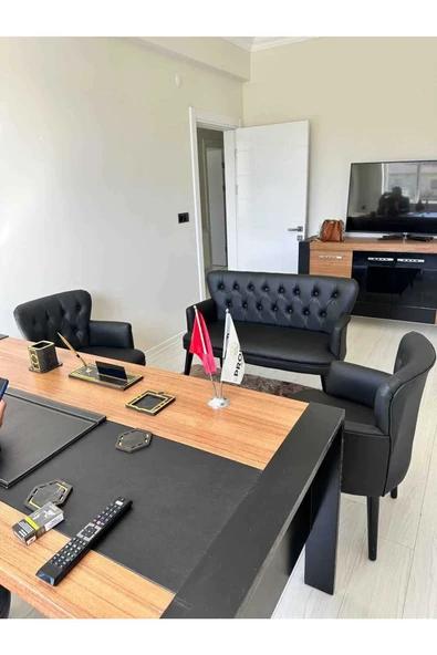 ARYANS HOME Ahşap Ayaklı Kollu Siyah Deri Ofis Koltuğu Büro Koltuğu Deri Ofis Bekleme Koltuğu (2 ikili 2 tekli) - 8