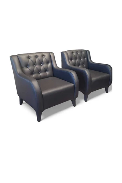 ARYANS HOME Aryans Siyah Deri Chester Ofis Koltuk Takımı Ofis Koltuğu Büro Koltuk Ve Kanepeleri - 2+1+1 - Resim 7