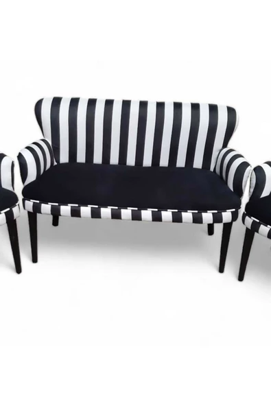 Aryans Home Mobilya Dekorasyon Siyah Beyaz Kumaş, Ahşap Ayaklı Kollu Bekleme Salonu Koltuk Takımı Balkon Koltuğu Çay Seti Koltuğu - 5