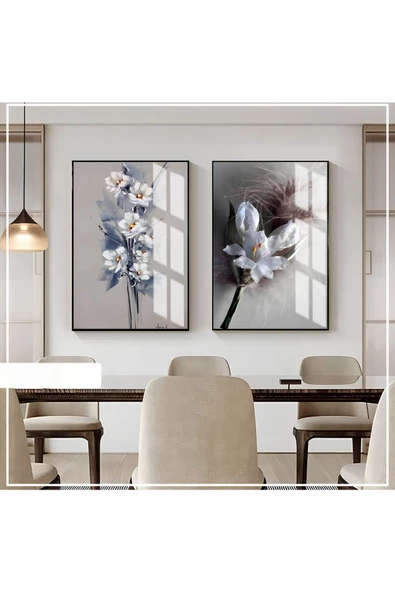 Harikabirev HARİKABİREV|MAVİ-BEYAZ ÇİÇEK KOMBİN |ÇERÇEVELİ CAM TABLO  2Lİ DİKEY ürün görseli