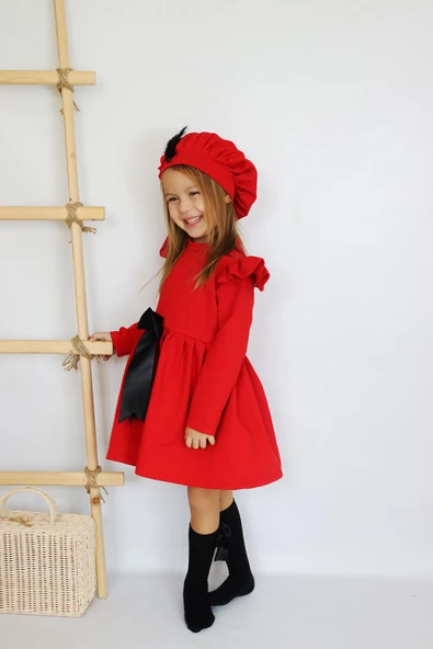 Kız Çocuk Kırmızı Sofia Pamuklu Fiyonk Detaylı Elbise Kep Abiye Takım - Resim 5