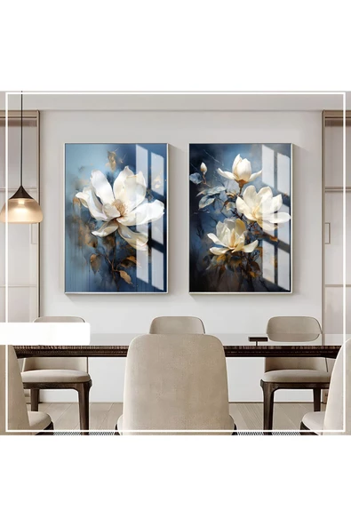 Harikabirev HARİKABİREV|MAVİ-GOLD RENK ÇİÇEK KOMBİNİ 2 YENİ|ÇERÇEVELİ CAM TABLO  2Lİ DİKEY ürün görseli