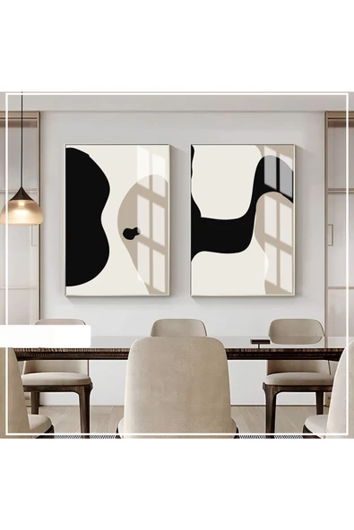 Harikabirev HARİKABİREV|KREM SİYAH RENK SOYUT ŞEKİL KOMBİNİ 01|ÇERÇEVELİ CAM TABLO  2Lİ DİKEY ürün görseli