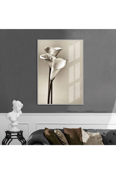 Harikabirev HARİKABİREV|SOFT BEJ-BEYAZ ÇİÇEK  2|ÇERÇEVELİ TEMPERLİ CAM TABLO TEKLİ DİKEY