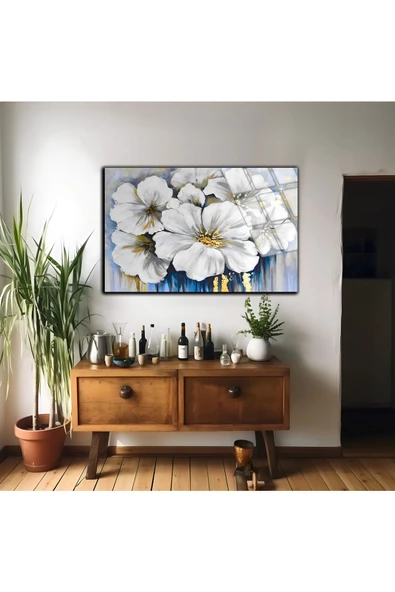 Harikabirev HARİKABİREV|KIRILMAZ CAM (TEMPERLİ) MAVİ-BEYAZ ÇİÇEK TABLOSU 01 |TMTEKLİ - Resim 2