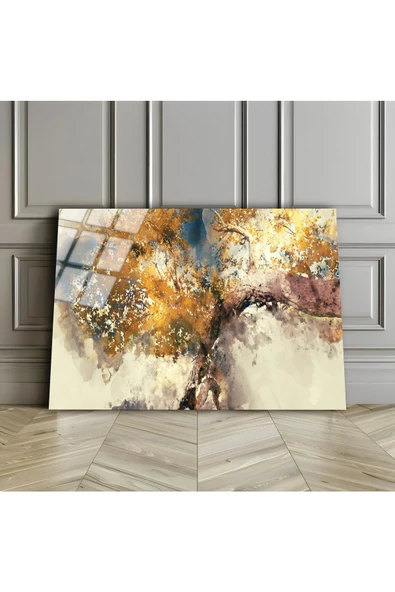 Harikabirev HARİKABİREV|KIRILMAZ CAM (TEMPERLİ) BEYAZ-SARI SOYUT AĞAÇ TABLOSU 01 |TMTEKLİ ürün görseli