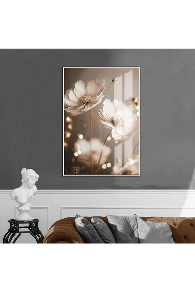 Harikabirev HARİKABİREV|SOFT BEJ EKRU PÜSKÜLLÜ ÇİÇEK 2|ÇERÇEVELİ TEMPERLİ CAM TABLO TEKLİ DİKEY ürün görseli