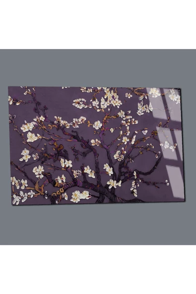 Harikabirev HARİKABİREV|KIRILMAZ CAM (TEMPERLİ) MOR-BEYAZ ÇİÇEK DALLARI TABLOSU |TMTEKLİ - Resim 3