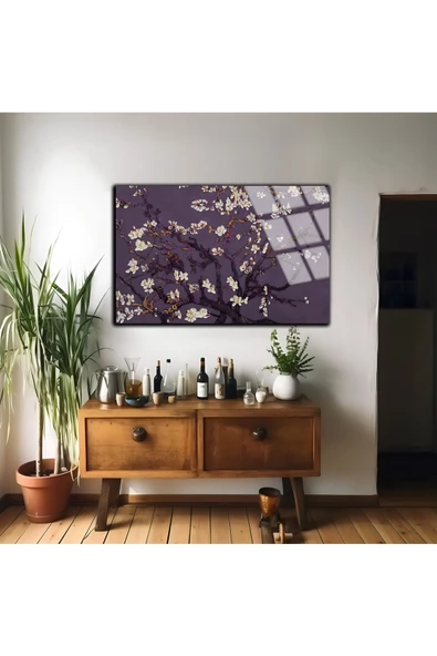 Harikabirev HARİKABİREV|KIRILMAZ CAM (TEMPERLİ) MOR-BEYAZ ÇİÇEK DALLARI TABLOSU |TMTEKLİ - Resim 2
