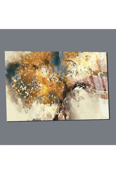 Harikabirev HARİKABİREV|KIRILMAZ CAM (TEMPERLİ) BEYAZ-SARI SOYUT AĞAÇ TABLOSU 01 |TMTEKLİ - Resim 3