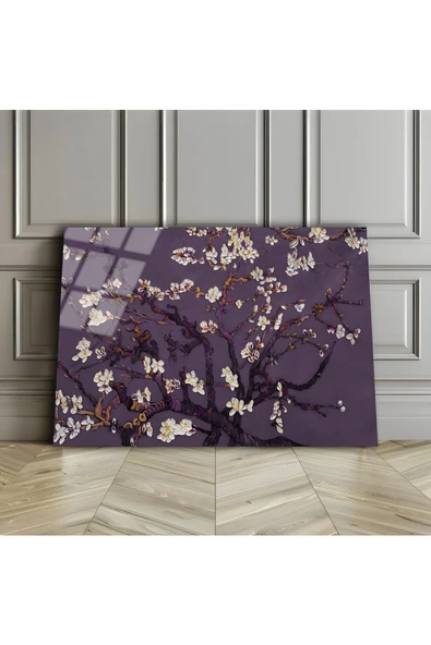 Harikabirev HARİKABİREV|KIRILMAZ CAM (TEMPERLİ) MOR-BEYAZ ÇİÇEK DALLARI TABLOSU |TMTEKLİ ürün görseli