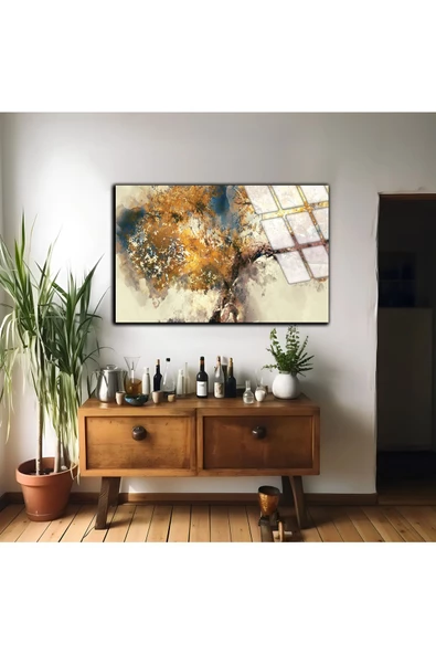 Harikabirev HARİKABİREV|KIRILMAZ CAM (TEMPERLİ) BEYAZ-SARI SOYUT AĞAÇ TABLOSU 01 |TMTEKLİ - Resim 2
