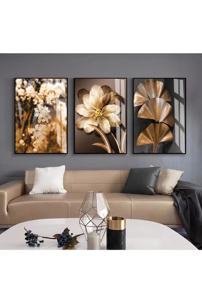Harikabirev HARİKABİREV|SİYAH-GOLD RENK  SEVİLEN ÇİÇEK VE YAPRAK KOMBİN |ÇERÇEVELİ CAM TABLO 3LÜ DİKEY ürün görseli