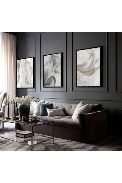 Harikabirev HARİKABİREV|GOLD-GRİ SOYUT KOMBİNİ 01 |ÇERÇEVELİ CAM TABLO  3LÜ DİKEY ürün görseli
