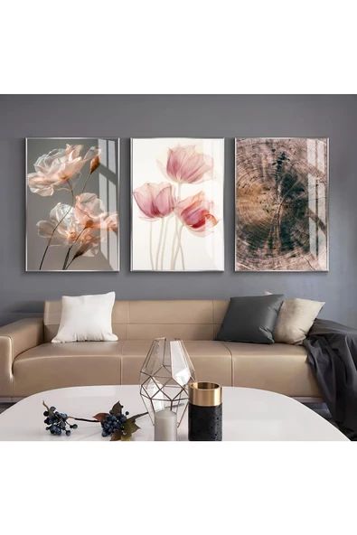 Harikabirev HARİKABİREV|PEMBE ROSE-GOLD SOYUT YAPRAK ÇİÇEK KOMBİN |ÇERÇEVELİ CAM TABLO 3LÜ DİKEY ürün görseli