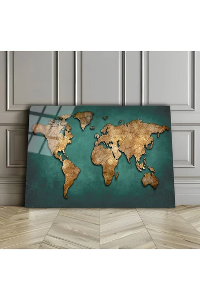Harikabirev HARİKABİREV|KIRILMAZ CAM (TEMPERLİ) TURKUAZ DÜNYA HARİTASI TABLOSU 01 |TMTEKLİ ürün görseli
