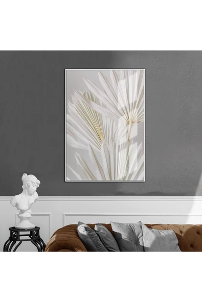 Harikabirev HARİKABİREV|SOFT BEJ BEYAZ PÜSKÜLLÜ YAPRAK 1|ÇERÇEVELİ TEMPERLİ CAM TABLO TEKLİ DİKEY ürün görseli