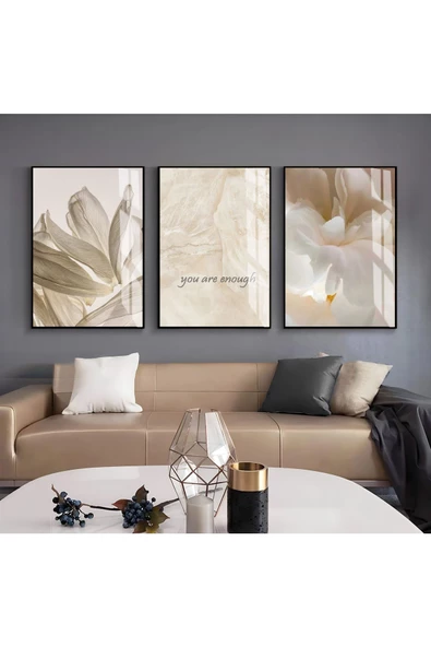 Harikabirev HARİKABİREV|KREM-GOLD-BEYAZ RENK SOFT ÇİÇEK VE SOYUT KOMBİN |ÇERÇEVELİ CAM TABLO 3LÜ DİKEY ürün görseli