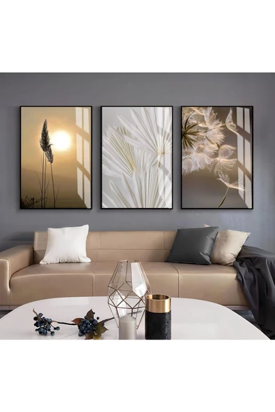 Harikabirev HARİKABİREV|KREM-GOLD-BEYAZ RENK PÜSKÜLLÜ ÇİÇEK KOMBİNİ |ÇERÇEVELİ CAM TABLO 3LÜ DİKEY ürün görseli