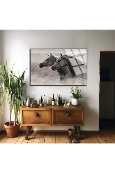 Harikabirev HARİKABİREV|KIRILMAZ CAM (TEMPERLİ) SİYAH-BEYAZ ATLAR TABLOSU 03|TMTEKLİ - 2