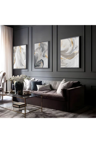 Harikabirev HARİKABİREV|GOLD-GRİ SOYUT KOMBİNİ 01 |ÇERÇEVELİ CAM TABLO  3LÜ DİKEY ürün görseli
