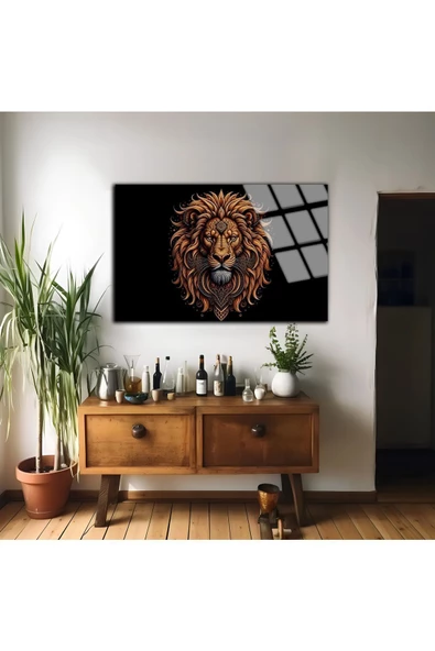 Harikabirev HARİKABİREV|KIRILMAZ CAM (TEMPERLİ) SİYAH-GOLD ASLAN TABLOSU 01|TMTEKLİ - Resim 2