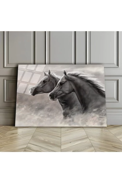 Harikabirev HARİKABİREV|KIRILMAZ CAM (TEMPERLİ) SİYAH-BEYAZ ATLAR TABLOSU 03|TMTEKLİ
