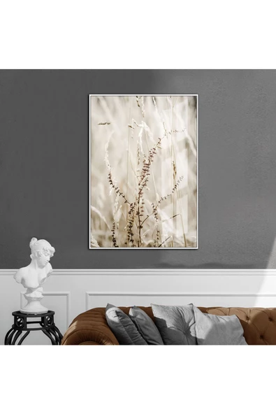 Harikabirev HARİKABİREV|SOFT BEJ BEYAZ PÜSKÜLLÜ YAPRAK 2|ÇERÇEVELİ TEMPERLİ CAM TABLO TEKLİ DİKEY ürün görseli