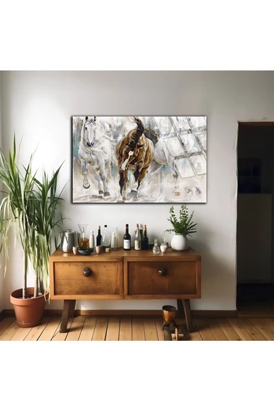Harikabirev HARİKABİREV|KIRILMAZ CAM (TEMPERLİ) KAHVERENGİ-BEYAZ AT TABLOSU 02 |TMTEKLİ - Resim 2