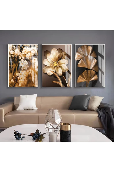 Harikabirev HARİKABİREV|SİYAH-GOLD RENK  SEVİLEN ÇİÇEK VE YAPRAK KOMBİN |ÇERÇEVELİ CAM TABLO 3LÜ DİKEY ürün görseli