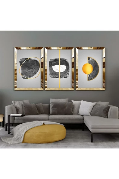 Harikabirev |gold-gri Mermer Desen Soyut Kombini|pleksi Çerçeveli Mdf Tablo 3dky