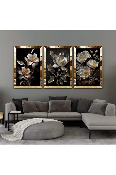Harikabirev |siyah-beyaz Çiçek Kombini 01 |pleksi Çerçeveli Mdf Tablo 3dky ürün görseli