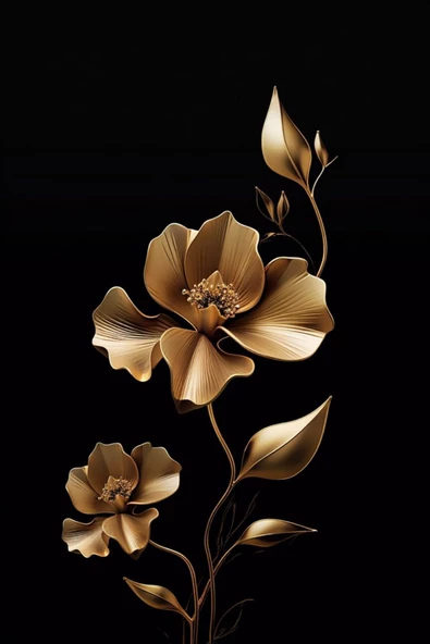 Harikabirev |gold-siyah Çiçek Kombini 02 |pleksi Çerçeveli Mdf Tablo 3dky - Resim 2