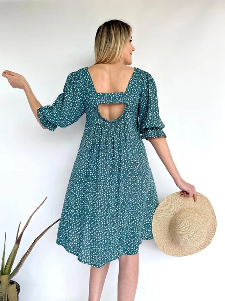 Kadın Elbise Kare Yaka Yeşil - 5