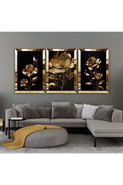 Harikabirev |gold-siyah Çiçek Kombini 02 |pleksi Çerçeveli Mdf Tablo 3dky
