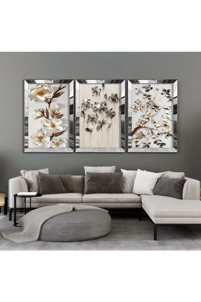 Harikabirev |beyaz-gold-gri Çiçek Kombini 01 |pleksi Çerçeveli Mdf Tablo 3dky