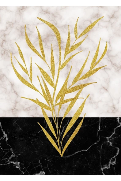 Harikabirev |gold-siyah Mermer Desen Yaprak Kombini|pleksi Çerçeveli Mdf Tablo 3dky - Resim 3