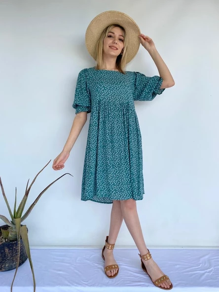 Kadın Elbise Kare Yaka Yeşil