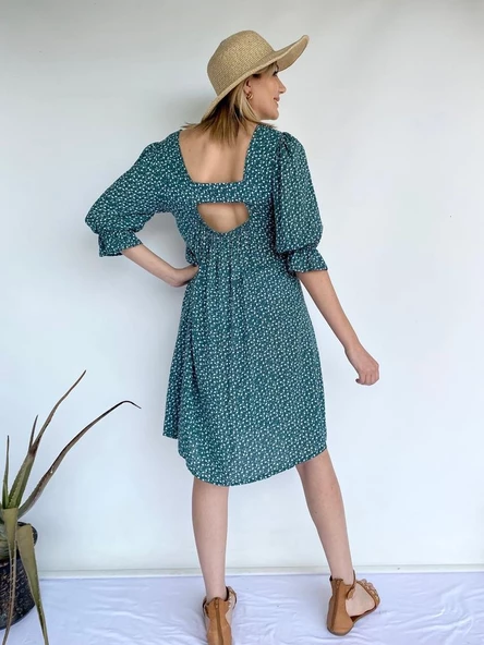 Kadın Elbise Kare Yaka Yeşil - 4