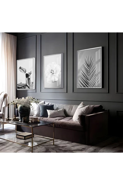 Harikabirev HARİKABİREV|SİYAH-BEYAZ ÇİÇEK  KOMBİN |ÇERÇEVELİ CAM TABLO 3LÜ DİKEY ürün görseli